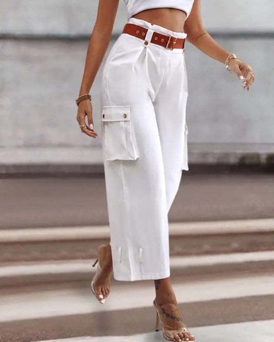 Ensfarget lomme casual cargo bukser