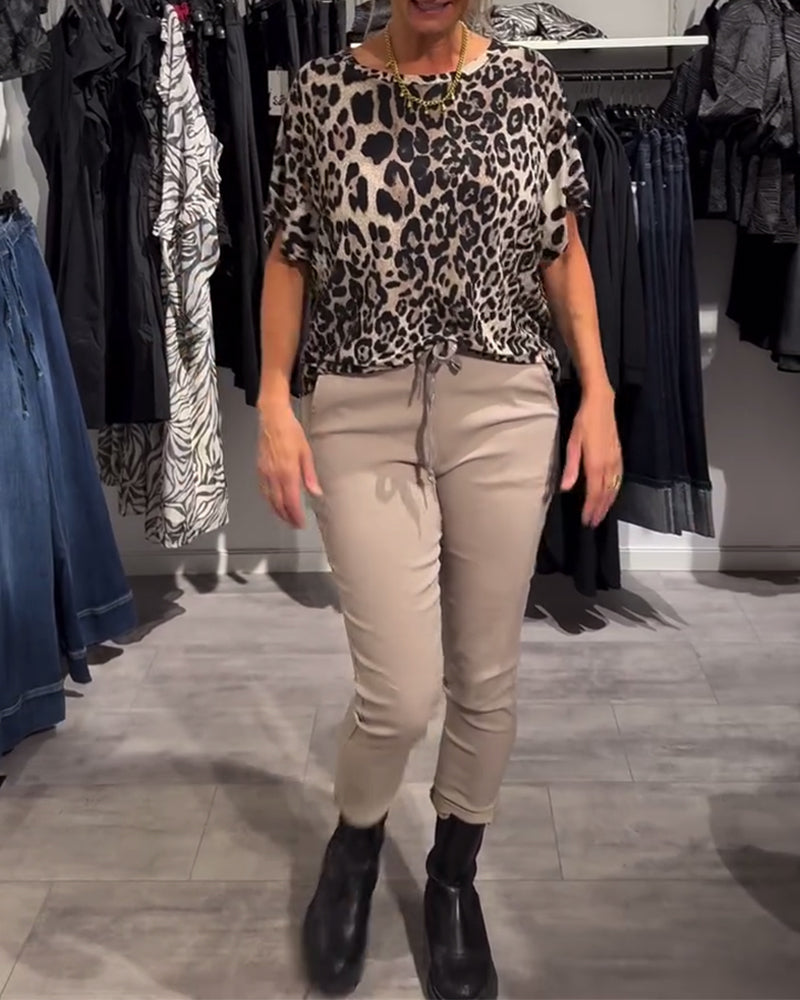 Bluse Rund Hals Leopardprint Korte Ermer