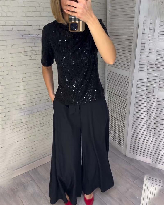 Slankende Paljett T-Skjorte Med Kort Erme