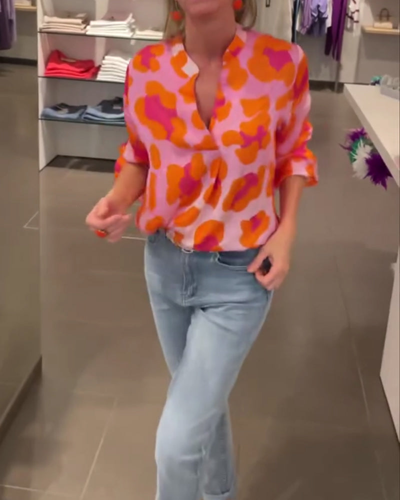 Printet V-hals lanterne ermet casual topp