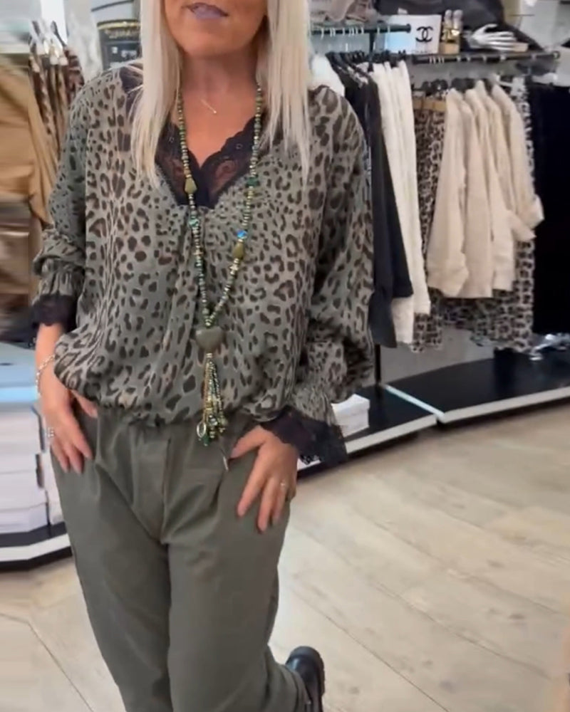 Mote leopardprint bluse med V-hals blonder med patchwork