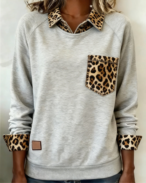 Langermet sweatshirt med revers og leopardprint