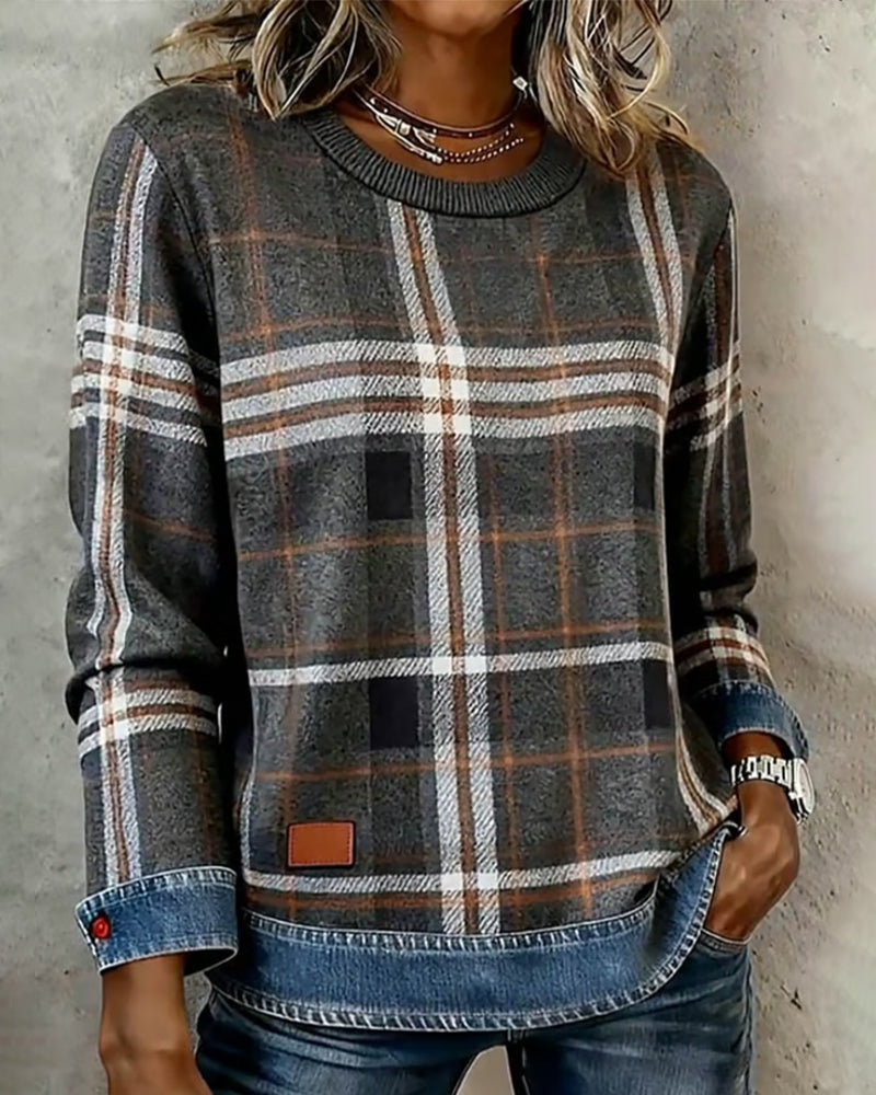 Swearshirt Med Rutemønstret Denim-Lappverk