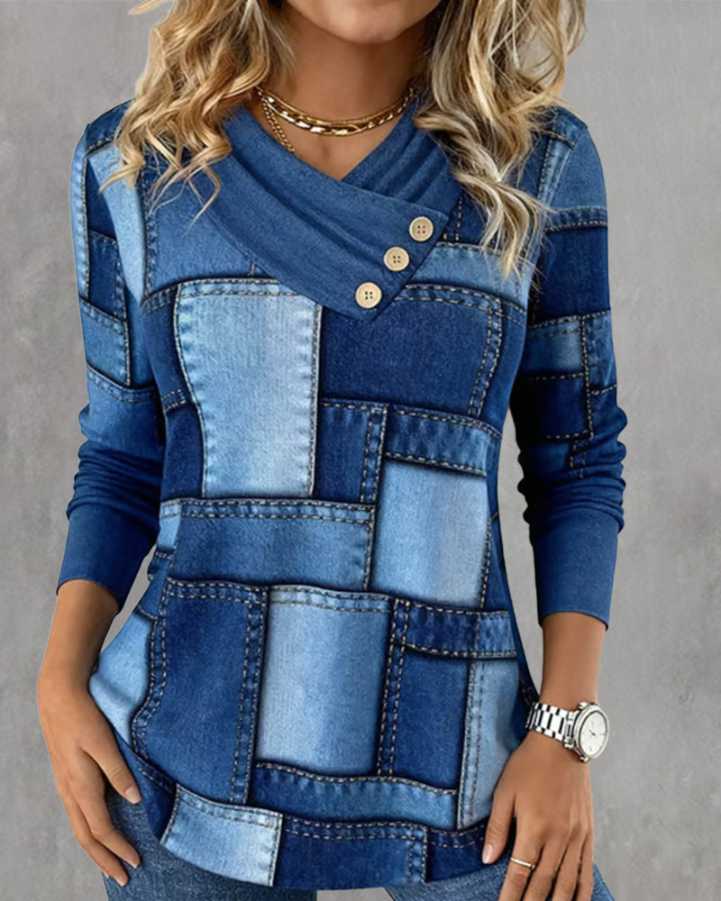 Langermet Topp Med V-Hals Og Kontrast I Helfarge