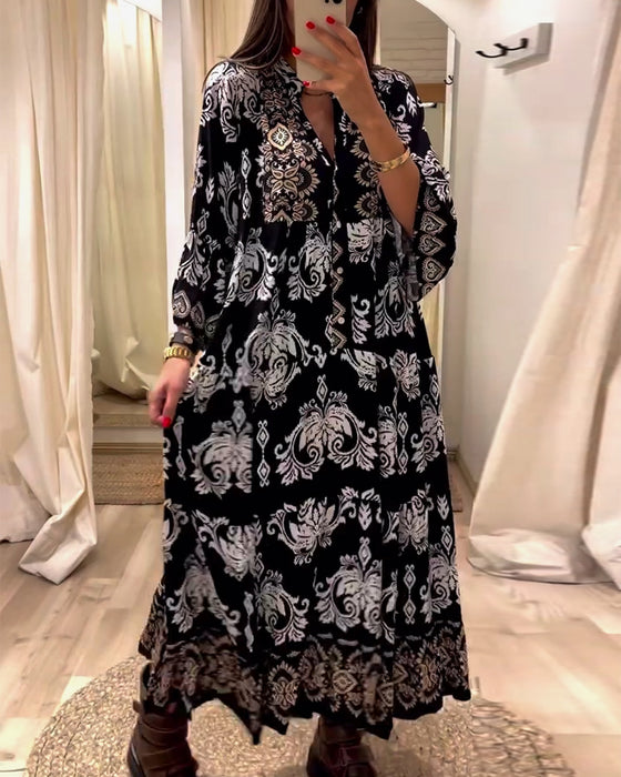 Vintage løs kjole med trykk og plissert