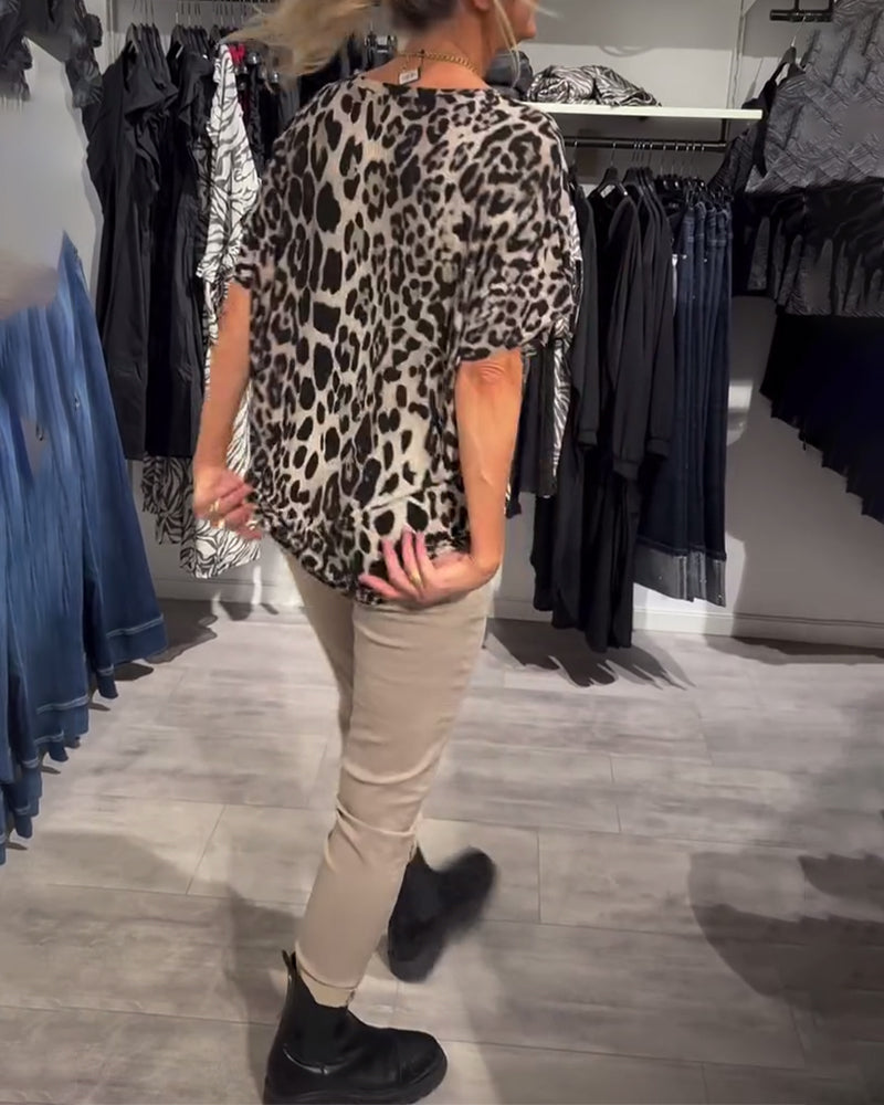 Bluse Rund Hals Leopardprint Korte Ermer