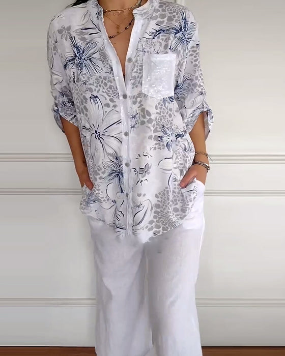 Skjorte Ståkrage Trykt Lomme