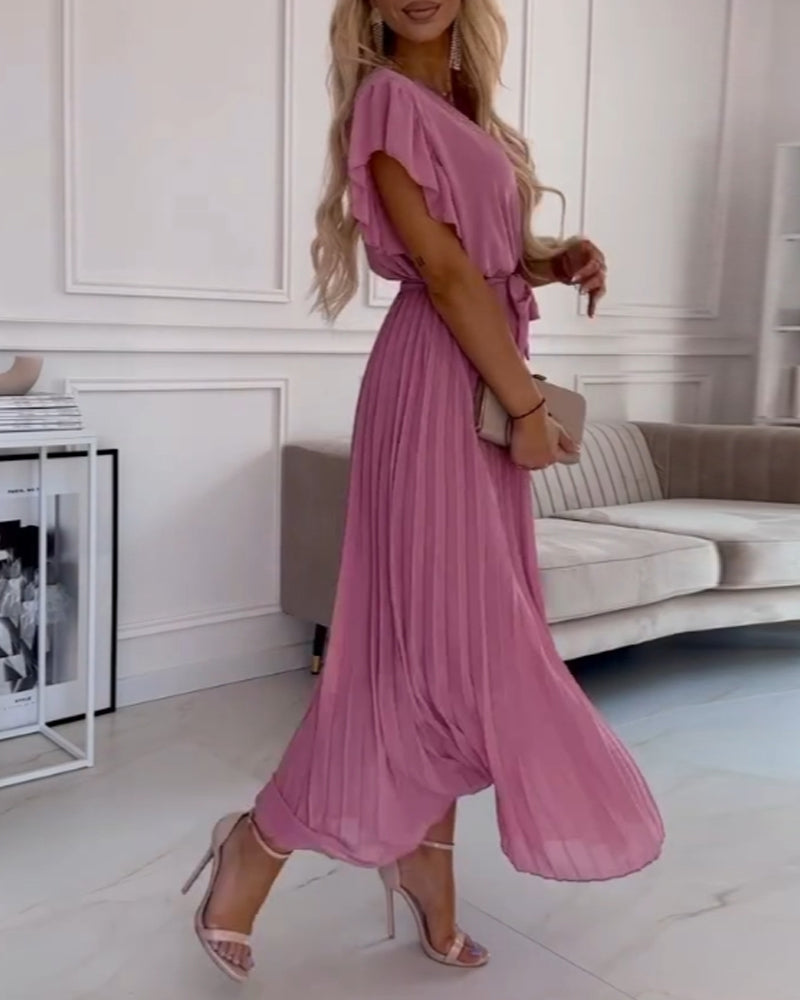 Ensfarget elegant kjole med volanger og V-hals
