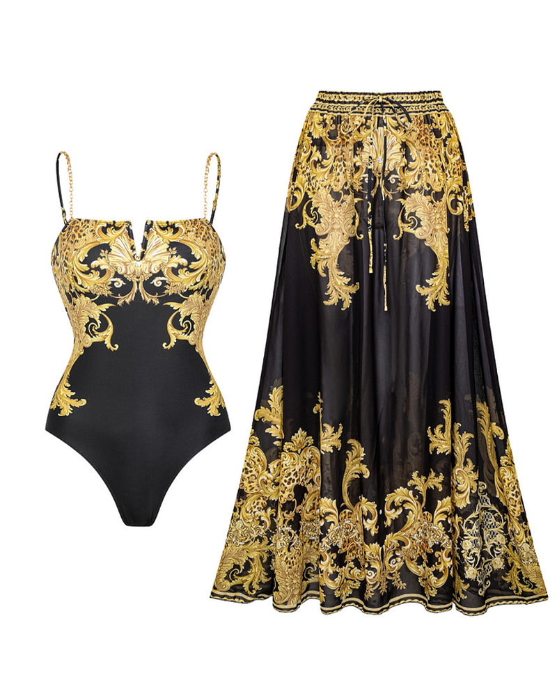 Badedrakt Med Vintageprint I Mesh Solbeskyttelse