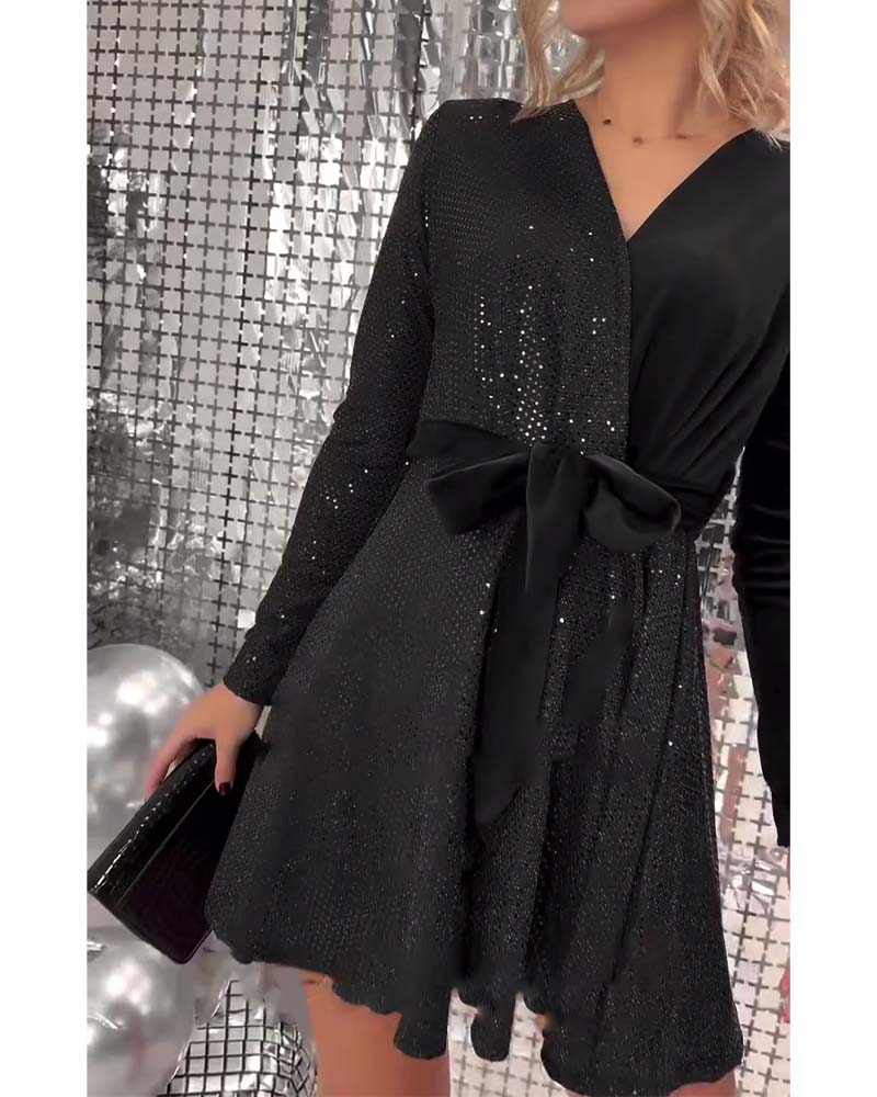 Lace-Up Kjole Sexy Wrap Bryst Paljetter Fløyel