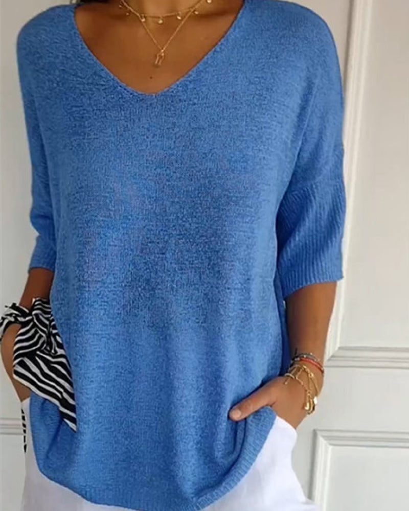 💖 Ensfarget Strikket Topp Med V-Hals