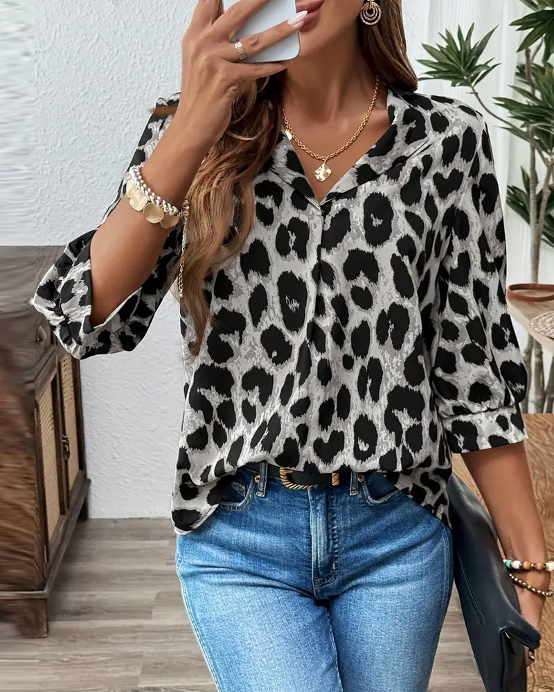 Bluse Halvlange Ermer Leopardprint Løs