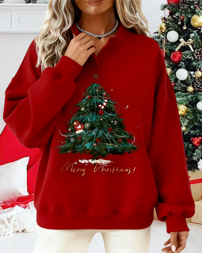 Sweatshirt Med Juletretrykk Og Rund Hals
