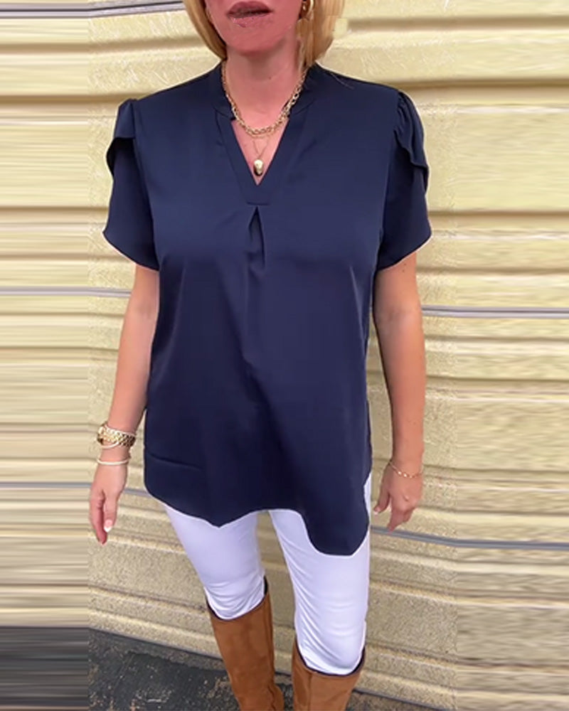 Bluse Ensfarget V-Hals Plissert Allsidig