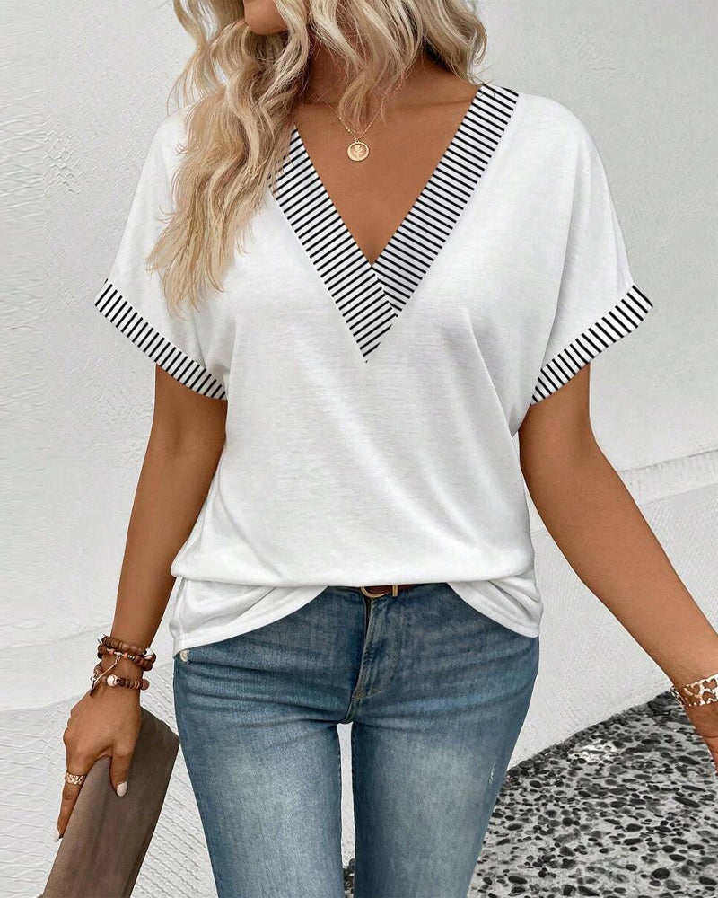 Bluse V-Hals Stripet Kontrast Avslappet