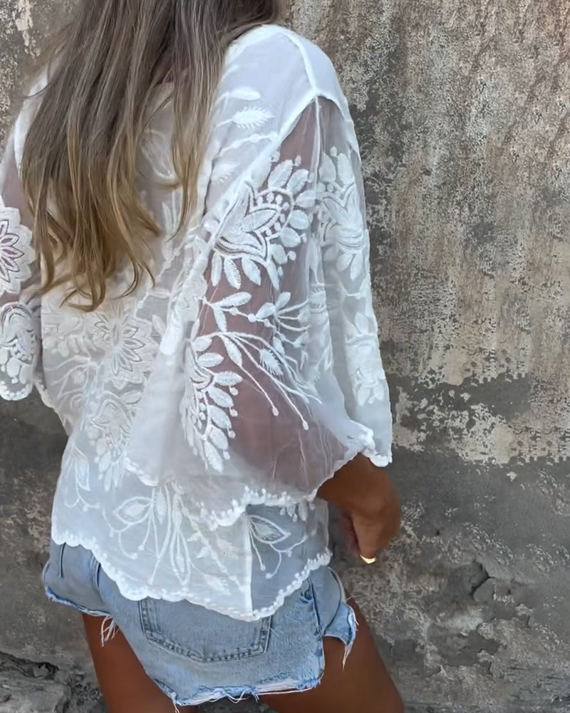 Bluse Sommerfuglsarm Rund Hals Brodert