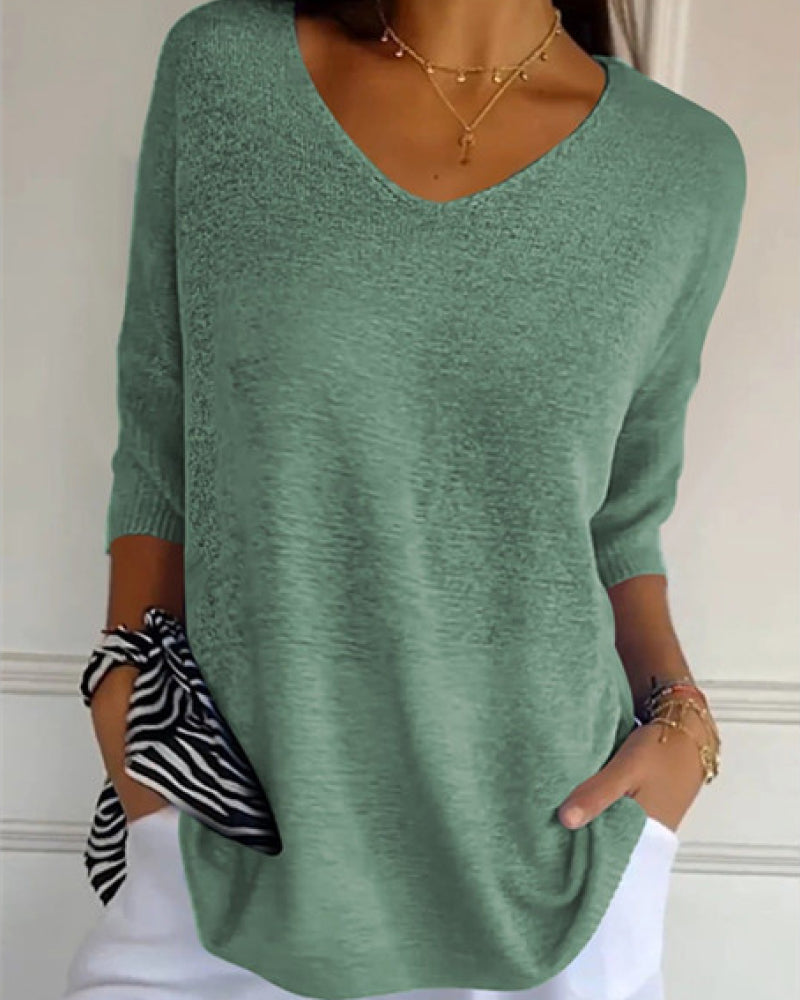 💖 Ensfarget Strikket Topp Med V-Hals