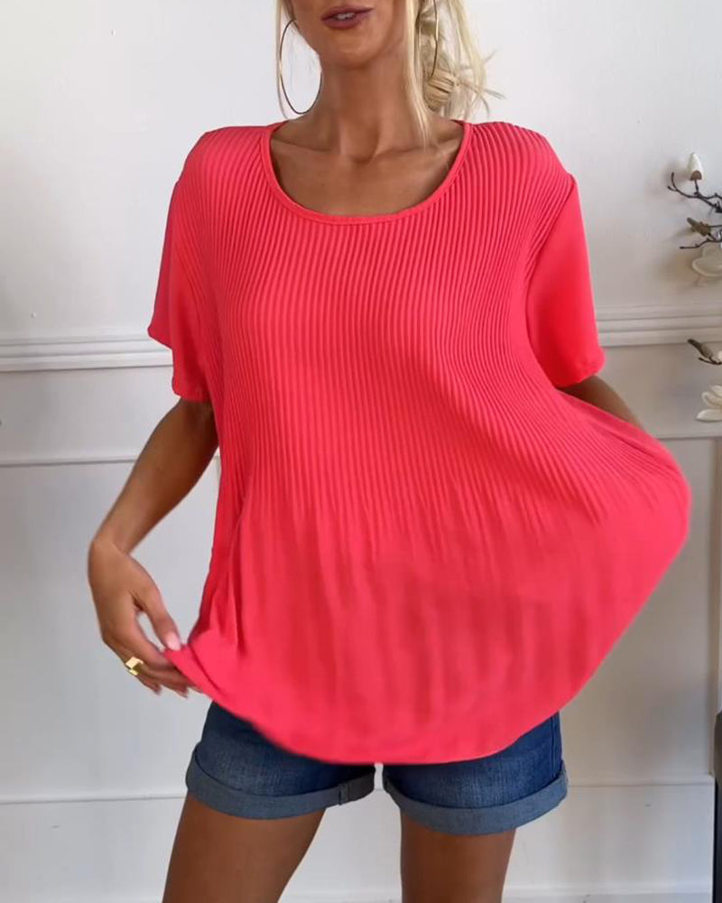 Ensfarget plissert bluse med rund hals