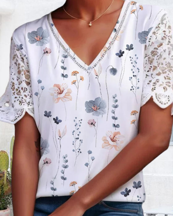 Bluse med lace-patch og trykk