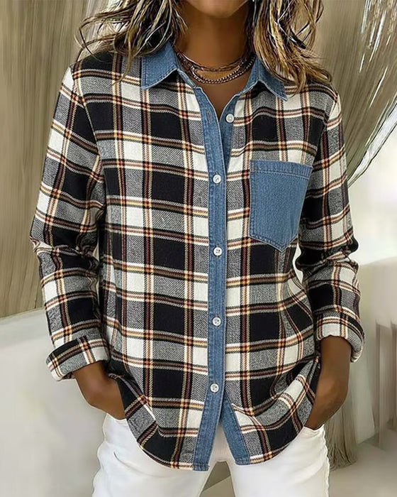 Skjorte Med Rutenmønster, Denimstoff Og Patchworkdesign