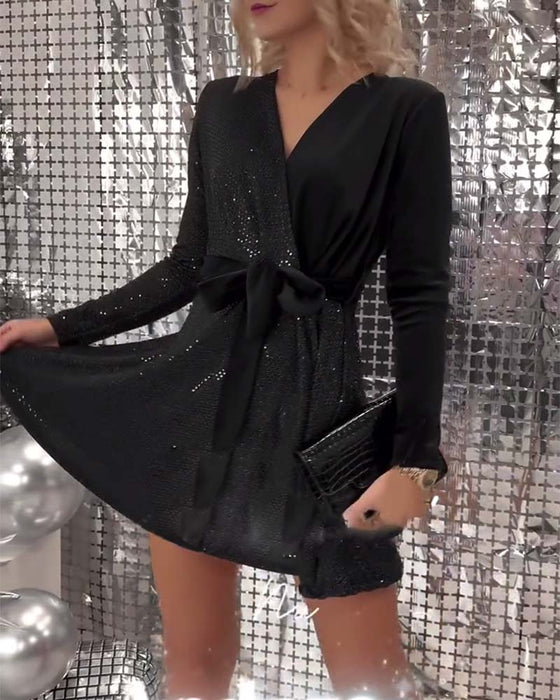 Lace-Up Kjole Sexy Wrap Bryst Paljetter Fløyel
