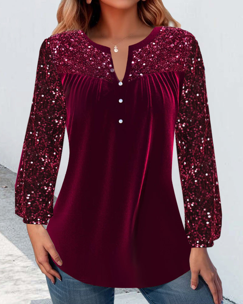 Elegant topp med V-hals plissert paljett