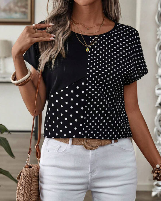 T-skjorte Rund Hals Polka Dot Trykk