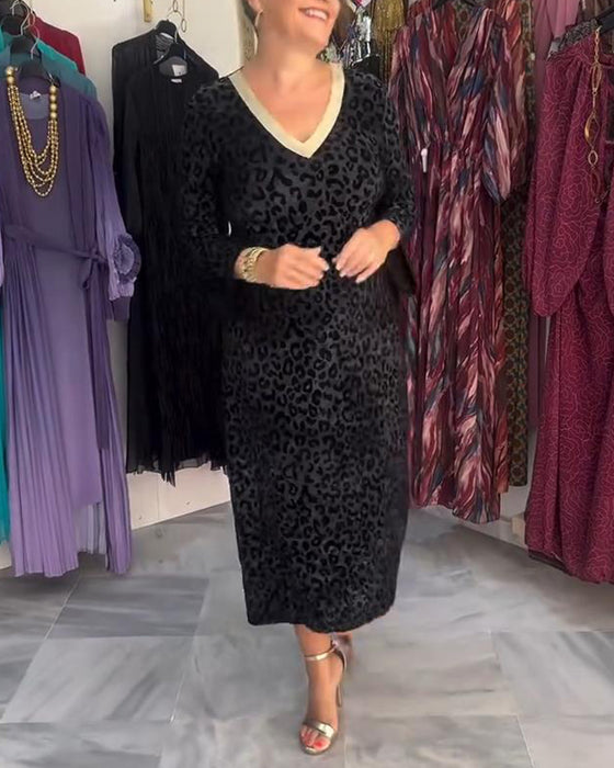 Kjole Kontrastfarge V-Hals Leopardmønster