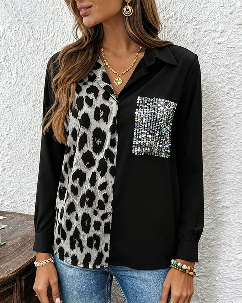 Skjorte Leopardprint Kontrasterende Rhinestones