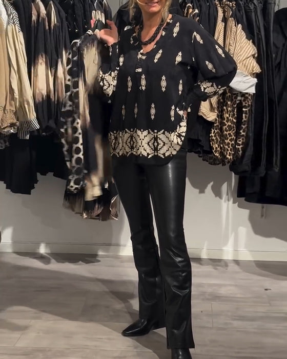 Skjorte v-hals lanterne erme trykt