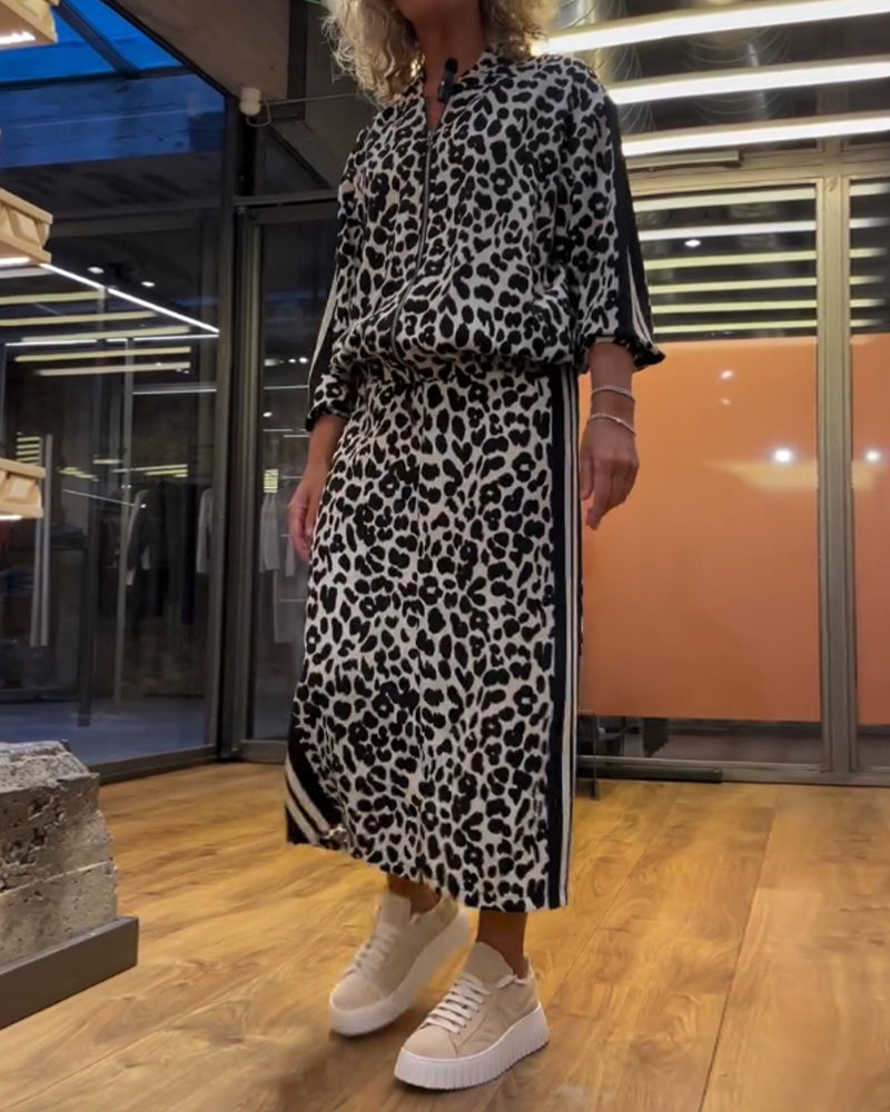 Leopardprint stripete skjørt todelt sett