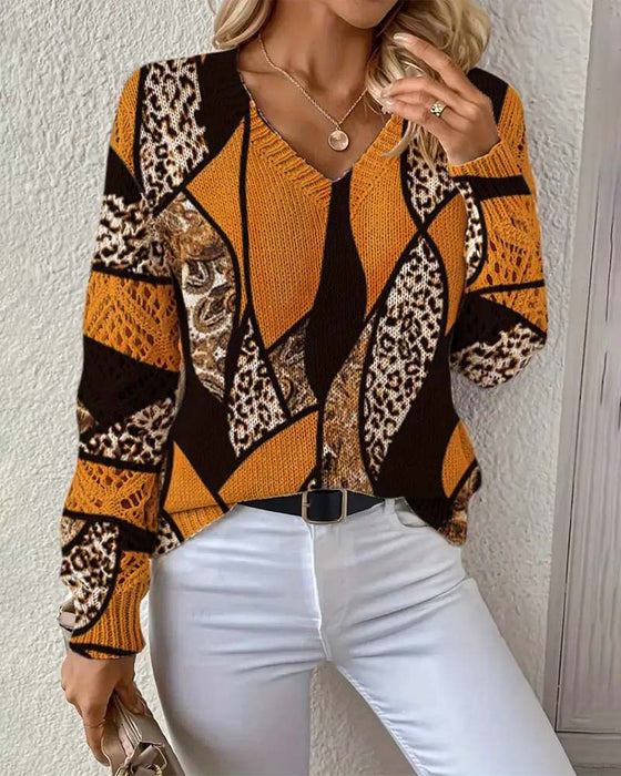 Pullover Med V-Hals Og Hull-Leopardtrykk