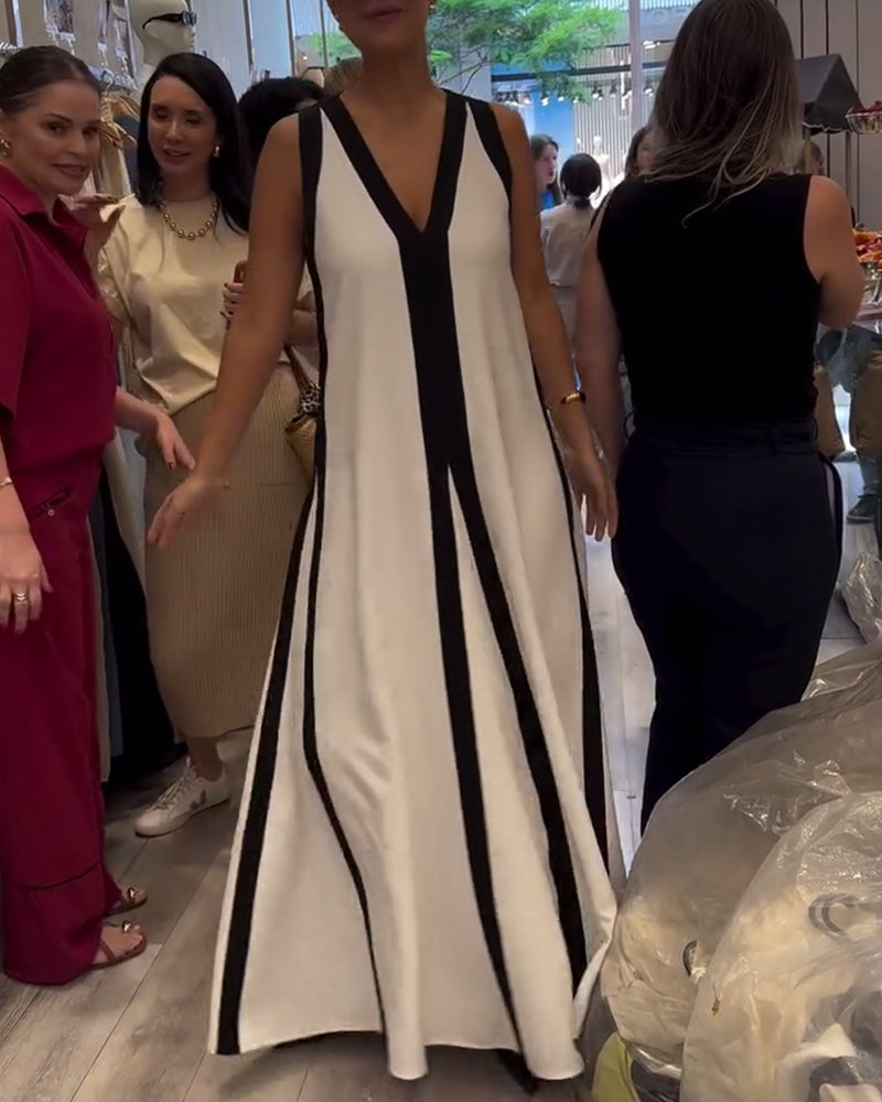 Kjole V-hals Uten Ermer Fargeblokk Løs