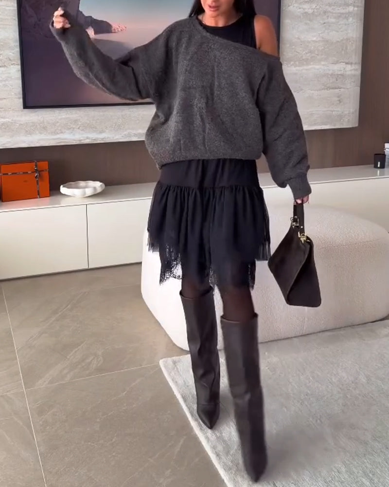 Avskåret Løstsittende Genser & Kniplingskant Kjole