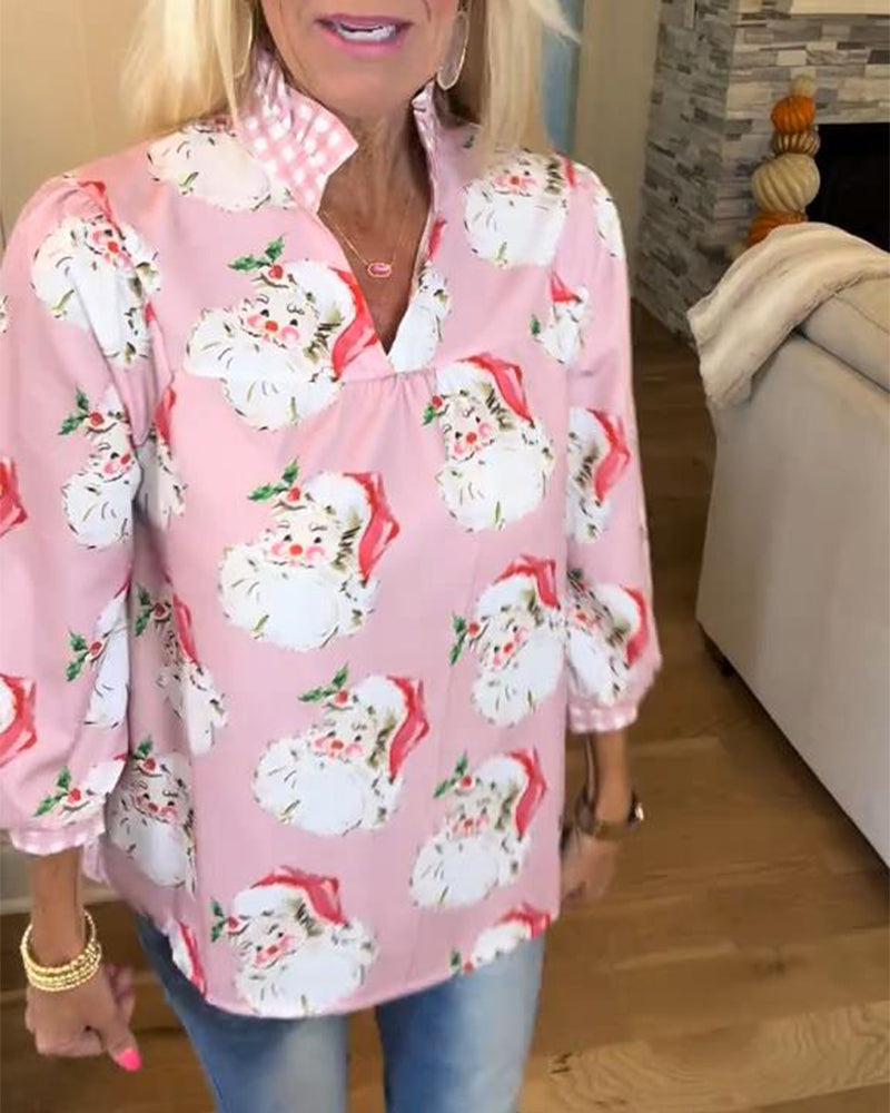 Skjorte Med Julenissetrykk Og V-Utringning