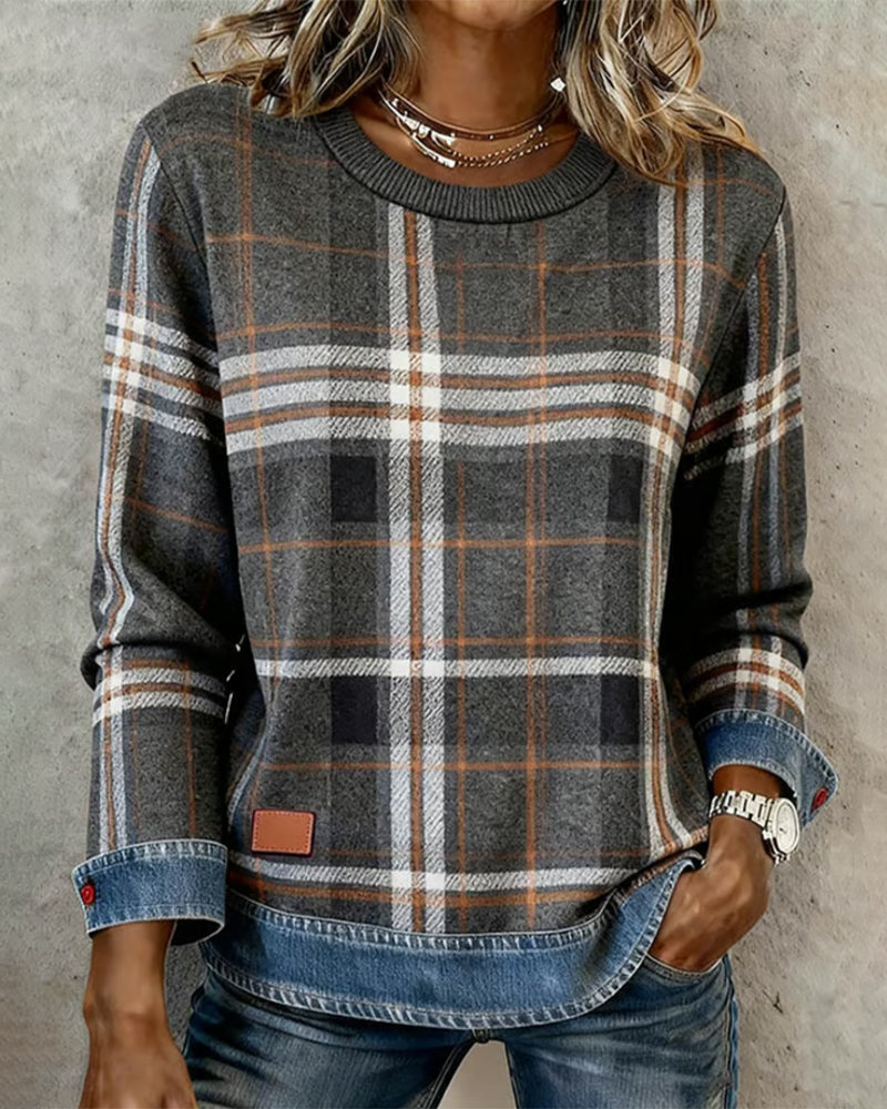 Swearshirt Med Rutemønstret Denim-Lappverk