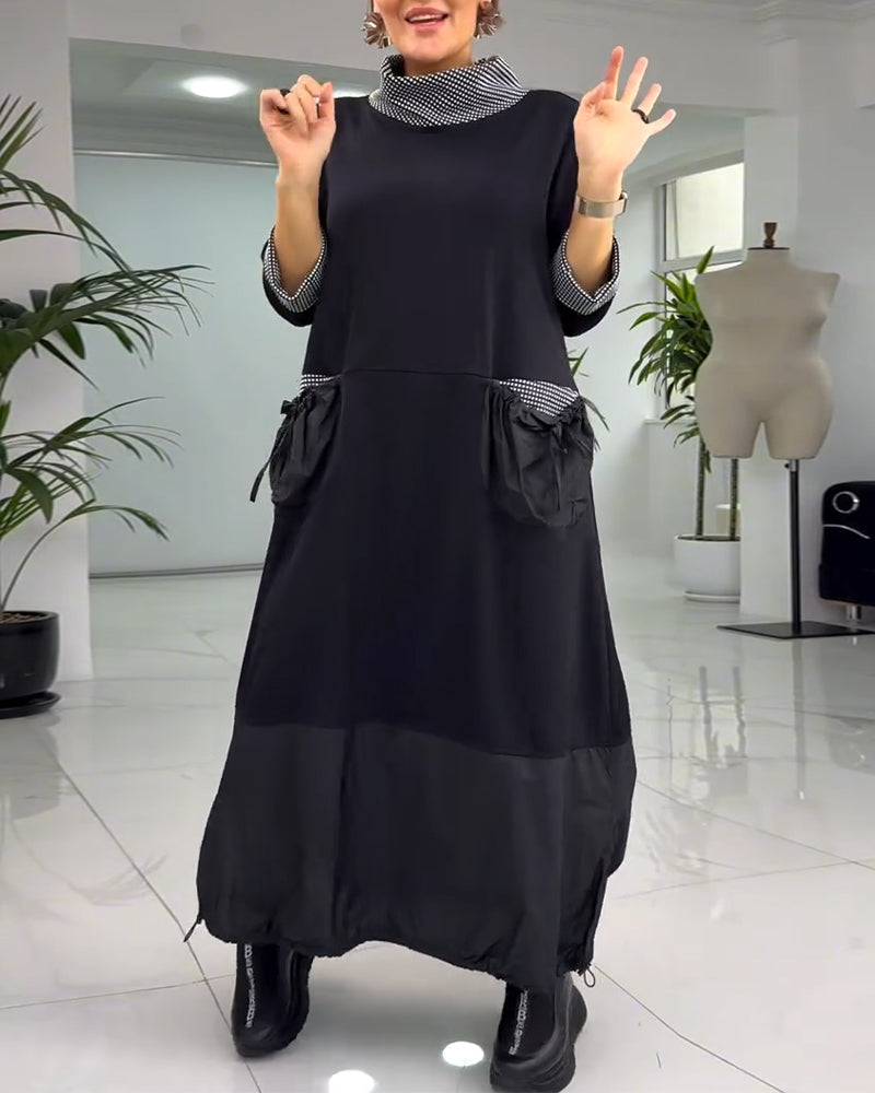 Uformelt rutete patchwork-lommekjole med høy krage