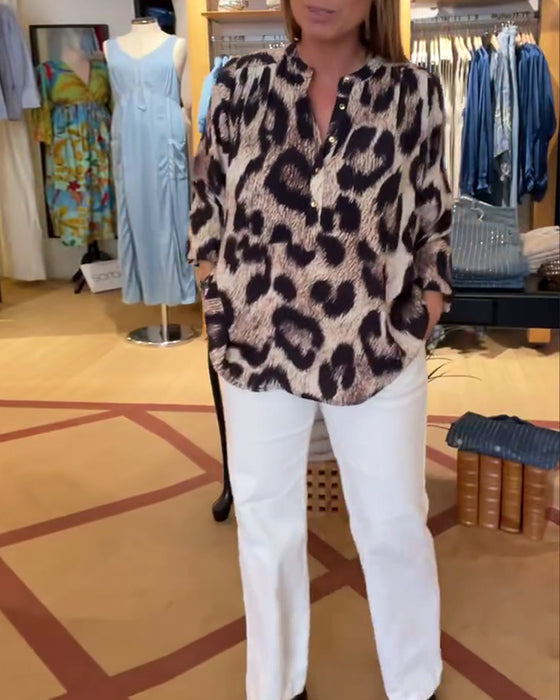Bluse Løs Leopardtrykk Halv Knapp