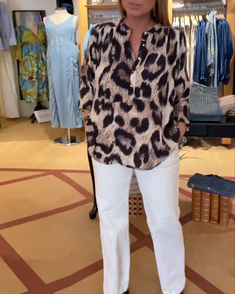 Bluse Løs Leopardtrykk Halv Knapp