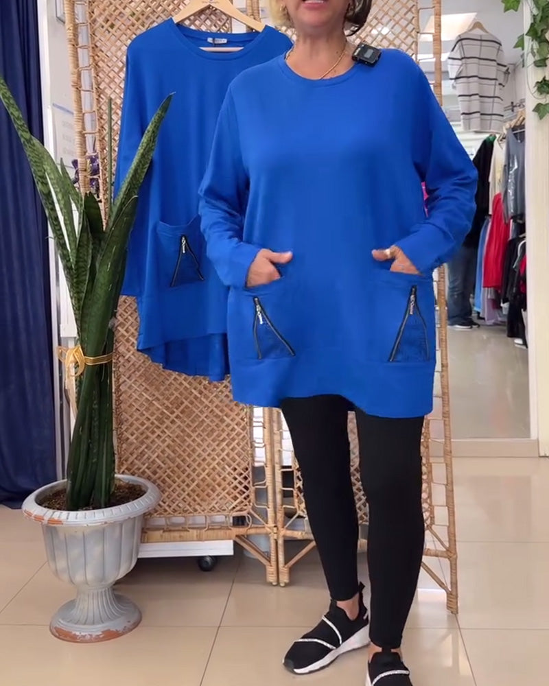 Genser med rund hals ensfarget glidelåslomme