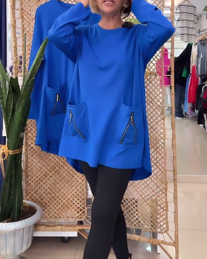 Genser med rund hals ensfarget glidelåslomme