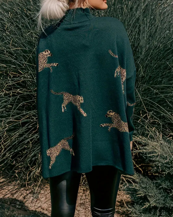 Genser Høy Hals Løs Leopardmønstret