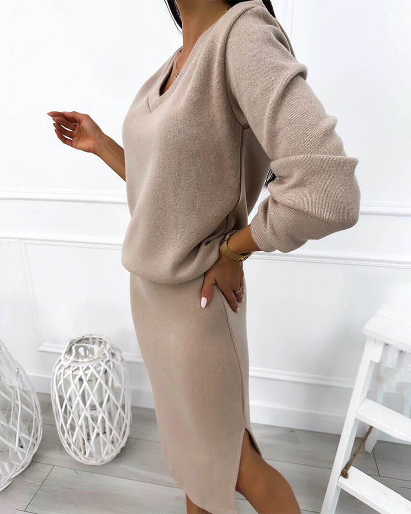 Elegant Sett Med V-Utringning Og Midikjole