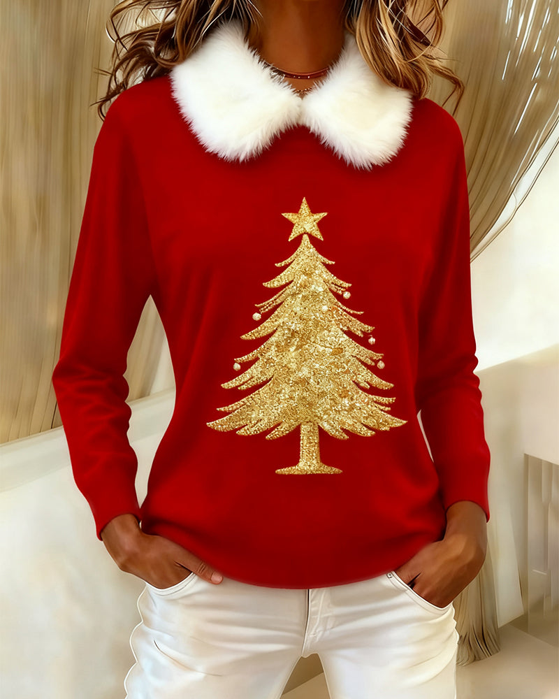 Trykket Langermet Topp Med Pelskrage