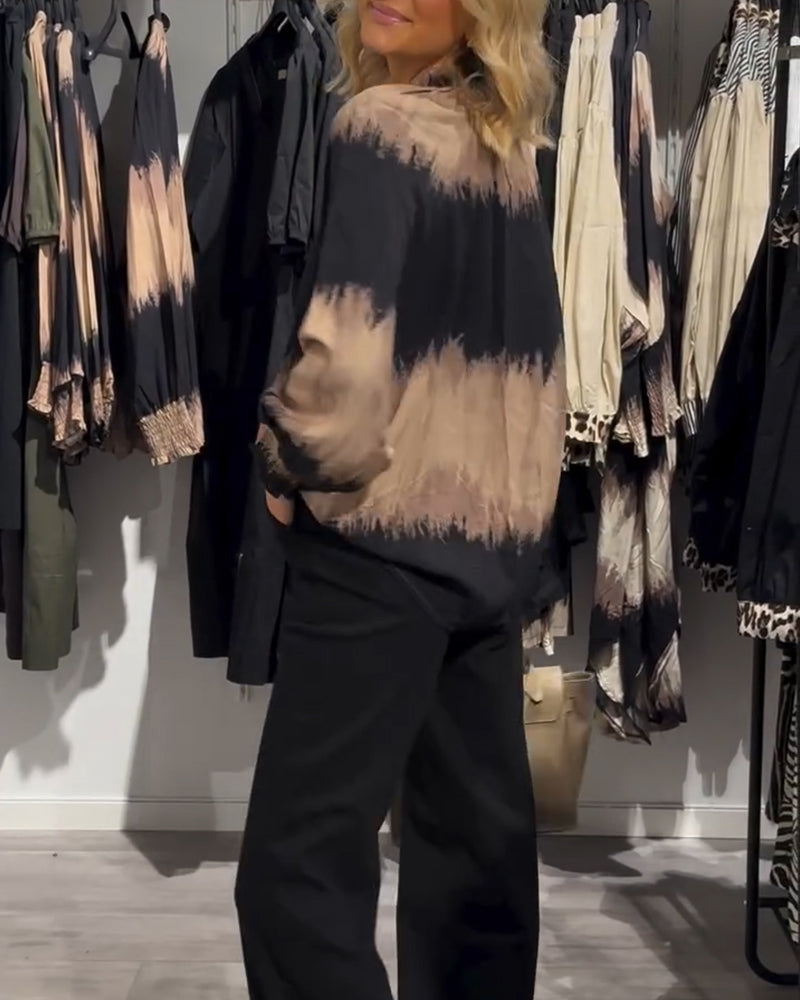 Vintage colorblock bluse med V-halsknapp