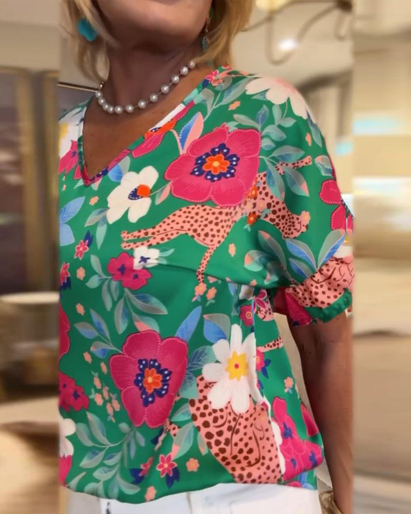 Bluse Med V-Hals Blomstermønster Korte Ermer