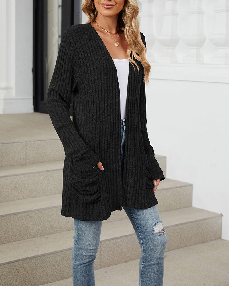 Uformell ensfarget cardigan med lang ermet lomme