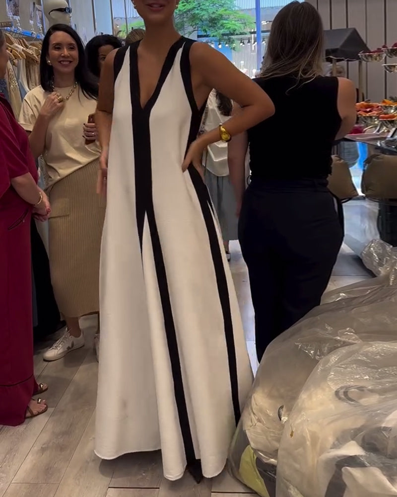 Kjole V-hals Uten Ermer Fargeblokk Løs