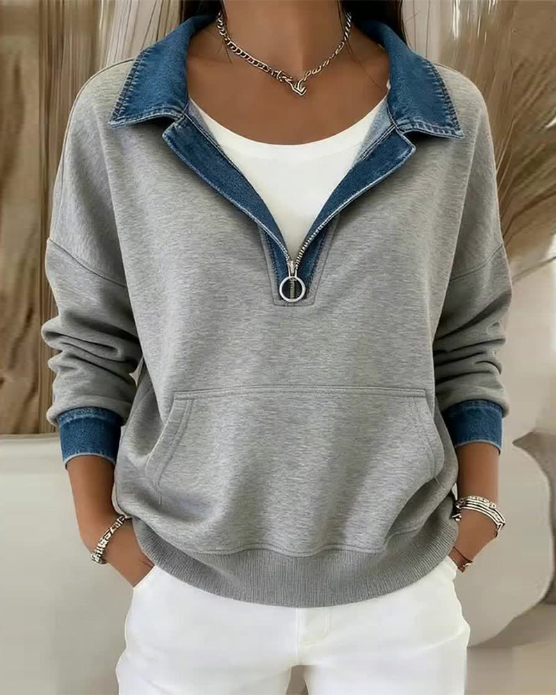 Sweatshirt Med Jakkeslag Og Kontrastsømmer