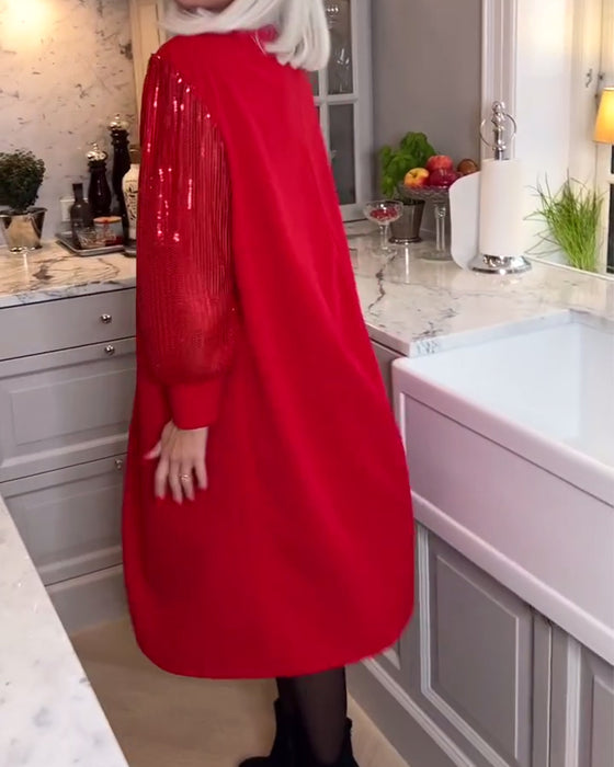 Fasjonabel ensfarget langermet kjole med paljettpatchwork